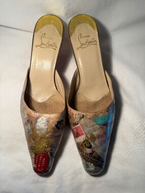 Vintage 1999 Christian Louboutin Arte Povera Trash Collection Kitten Heel Mules